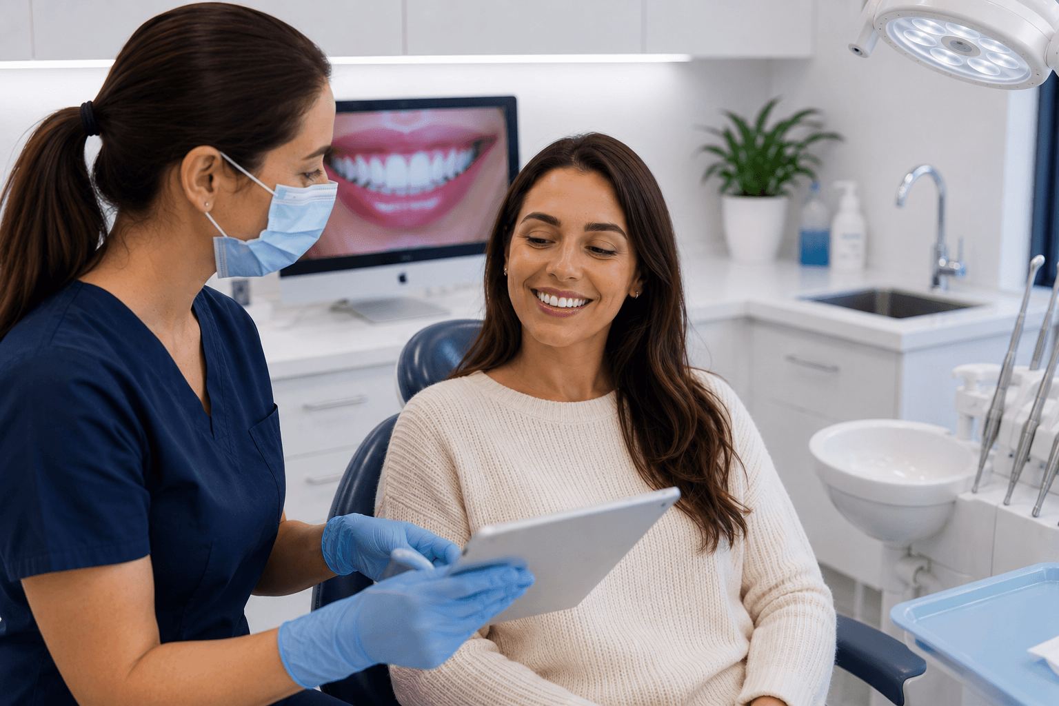 Patient receiving aftercare instructions and white diet guidance following professional Teeth Whitening treatment